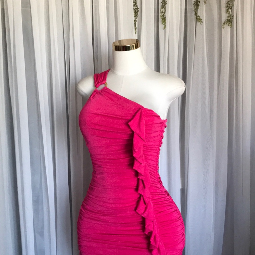 Side Ruched Ruffle Trim One-Shoulder Dress - Picture 3 of 6